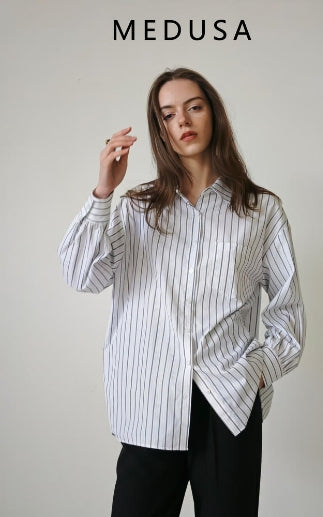 MEDUSE•BL1211 Summer new e-home port masterpiece! Lovely boxy striped blouse 